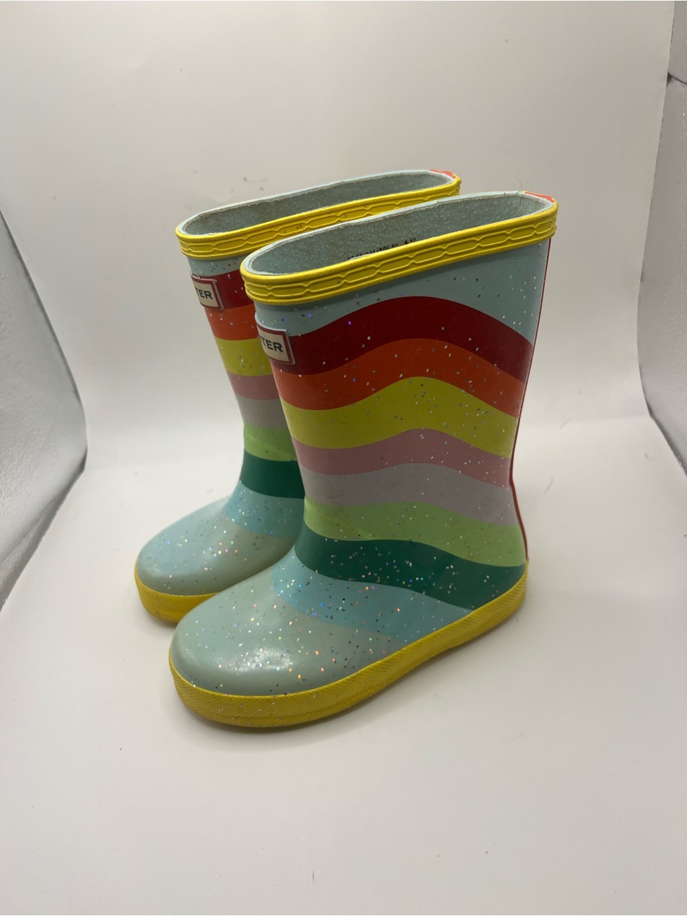 Hunter Kids Glitter Rainbow Stripe Rain Boots - Yellow Trim